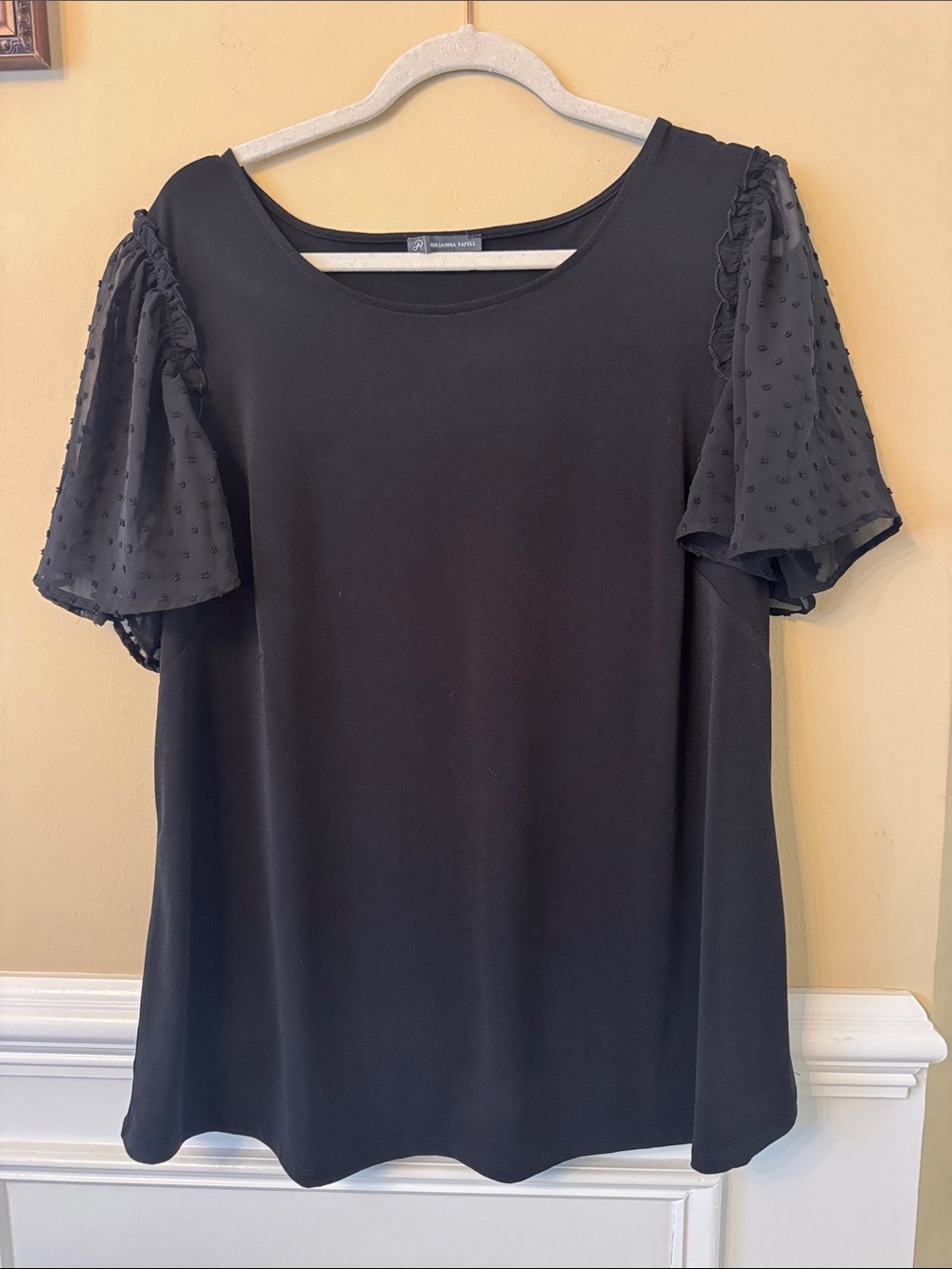 Adrianna Papell Black Swiss Dot Flutter Sleeve Tee